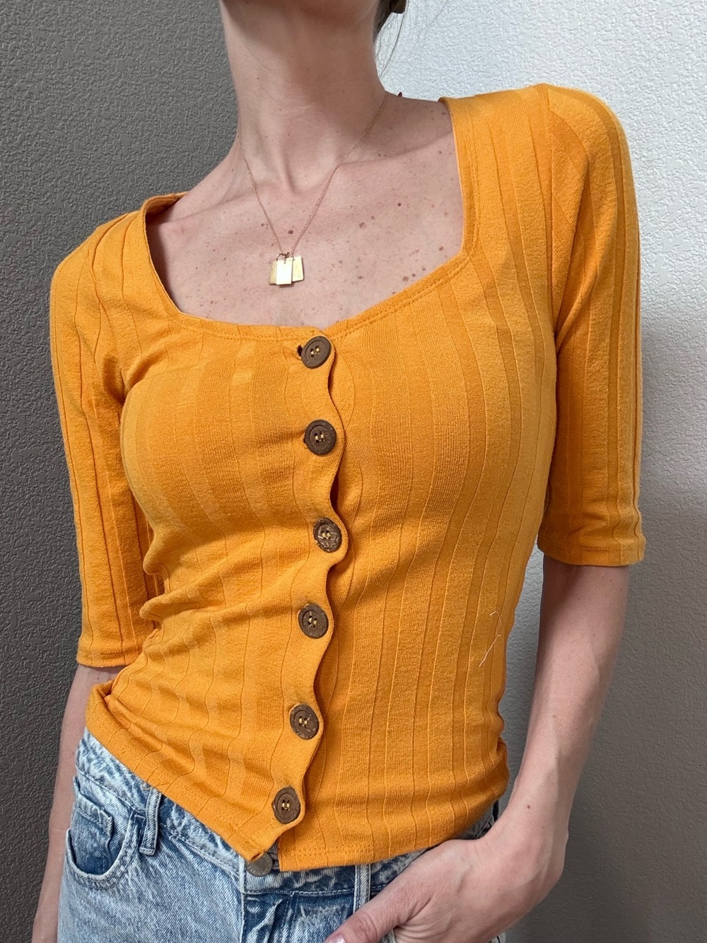 Free People Ribbed Square Neck Button Up Top Women’s XS Mustard